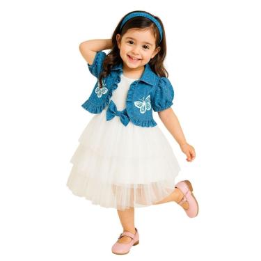 Imagem de Conjunto Infantil Vestido Branco Casaquinho Jeans Borboletas