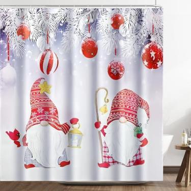 Imagem de Apqdw Cortina de chuveiro de gnomos de Natal para banheiro, cortina de chuveiro rústica com bola de árvore de Natal, cortina de chuveiro de inverno branca vermelha para férias (branca)