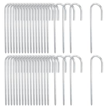 Imagem de SENJEOK Estacas de vergalhão prateadas, âncoras de chão J Hook, aço galvanizado, 30 cm, pacote com 40, para trampolim, cerca, barraca de acampamento