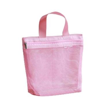 Imagem de 1 bolsa de mão de malha de maquiagem, bolsa de armazenamento de artigos de higiene pessoal portátil para viagem, ferramentas de banho, bolsa organizadora de cosméticos com zíper, rosa, Casual