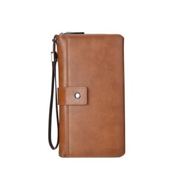 Imagem de Carteira masculina de couro com zíper – Porta-cartões dobrável longo com fecho de zíper e proteção RFID, Marrom claro