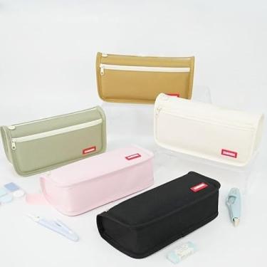 Imagem de 1 estojo de lápis de cor sólida simples de grande capacidade para escritório, organizador de armazenamento de camada dupla para canetas, marcadores e giz de cera, durável, bege