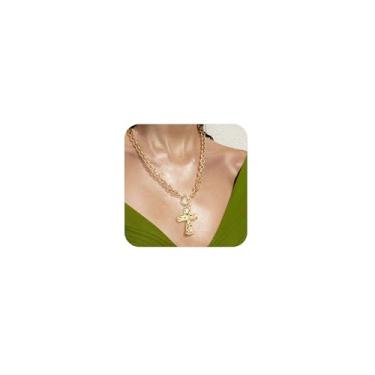 Imagem de Punhem Colar de ouro grosso para mulheres – Cruz martelada banhada a ouro 14K, trevo, coração, pingente de pérola barroca, moderno, delicado, não mancha, corrente grossa, pingente com fecho de botão