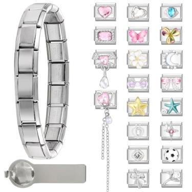 Imagem de papasgix Conjunto de pulseiras italianas de prata com 1 peça de brascelet iniciante, 20 peças de berloques sortidos, 1 ferramenta de abertura, 9 mm, modular, italiano, berloque, pulseiras, joias