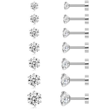 Imagem de ONESING 7 pares de brincos masculinos de aço inoxidável com costas planas, hipoalergênicos, redondo, zircônia cúbica, conjunto para vários piercings 20G/2-8 mm, 20G, Aço inoxidável, Sem pedra preciosa