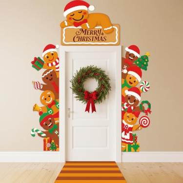 Imagem de Namalu 4 peças de decoração de porta de pão de gengibre de Natal faixa de porta de homem de gengibre colorido tapete de corredor feliz natal sinal de varanda fundo para Natal, inverno, ano novo