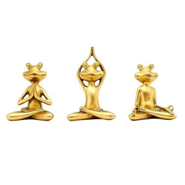 Imagem de Pznnith Estátuas de sapo de ioga, estatuetas de sapo dourado de 9 a 12 cm, decoração de casa, decoração de escritório de terapia pequenas esculturas para prateleiras, sala de estar, estante, mesa