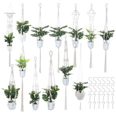 Imagem de Aphumedc Conjunto de plantadores pendurados em corda de algodão feito à mão, 12 peças de cabides de macramê, plantadores suspensos internos para plantas internas e externas, suporte para pendurar