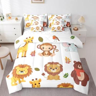 Imagem de Erosebridal Jogo de cama casal de 7 peças com desenho animado de leão, girafa, macaco, elefante, urso, pássaro, lençol com folhas, tema de animais kawaii, para crianças, meninos e meninas