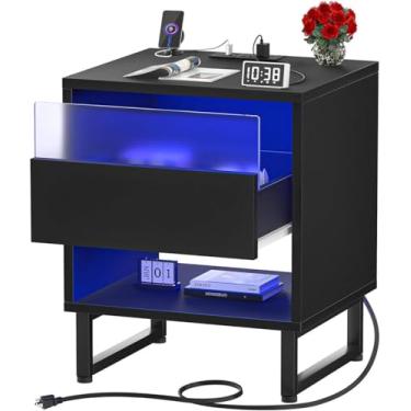 Imagem de Mesa de cabeceira preta com iluminação LED, tomada e luz de gaveta, mesa de cabeceira moderna com estação de carregamento, gaveta e prateleira para decoração de quarto de dormitório 47 x 40 x 53 cm