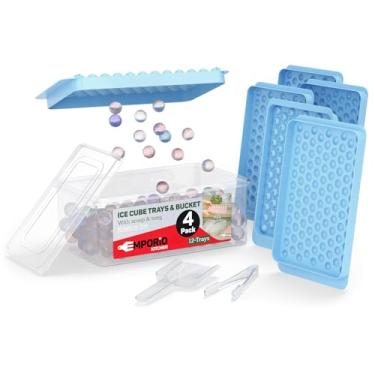 Imagem de Conjunto de 4 bandejas de gelo redondas azuis para cubos de gelo, sem BPA, com tampa, cesto e pinça, 104 bolas de gelo por bandeja para uísque, café e coquetéis, congelamento rápido e liberação fácil