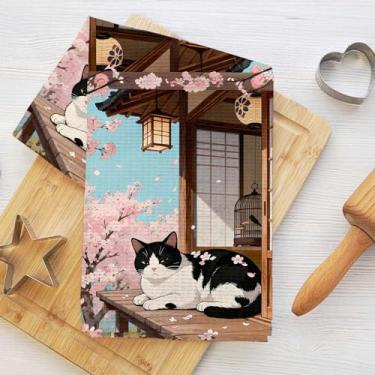 Imagem de Toalhas de cozinha japonesas de desenho animado de gato e cena da natureza, toalha de prato decorativa de microfibra absorvente estilo japonês, toalhas de chá de waffle para cozinha, casa, banheiro