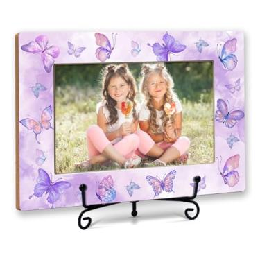 Imagem de CWIOQPYI Porta-retrato Butterfly Friends 10 x 15 cm, moldura pequena de madeira com suporte de ferro, presentes de borboleta roxa, decoração de mesa horizontal para casa - B10