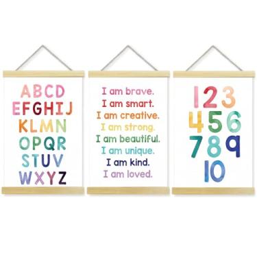 Imagem de CanvaCrafted Moldura de cabide de pôster com números do alfabeto, decoração de parede de berçário, pôster ABC Banner arte de parede com molduras de madeira, faixa do alfabeto decoração para pendurar