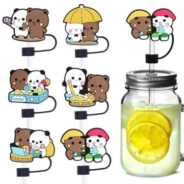 Imagem de 6 peças de tampas de palha de urso de casal para copos, Bubu Dudu PVC silicone 10 mm, protetores de canudos à prova de poeira, reutilizáveis, sem BPA, ajuste ecológico para presentes de festa