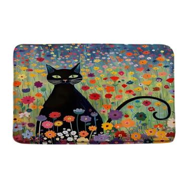Imagem de HWSSHW Tapete de banho de gato preto boho floral vinatge flor rústica casa de fazenda jardim animal arte abstrata moderna estética estilo pintura a óleo microfibra espuma viscoelástica decoração de