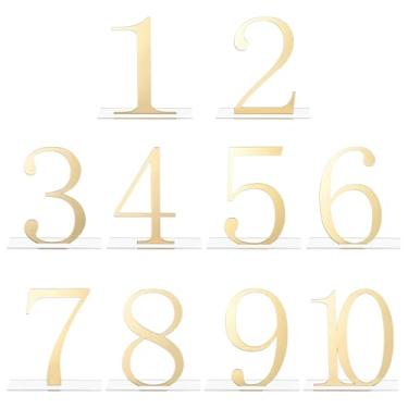 Imagem de Números de mesa de casamento ouro 1-10 espelho acrílico 10 peças, decoração elegante festa para recepção com base transparente, celebrações e perfeito para aniversários