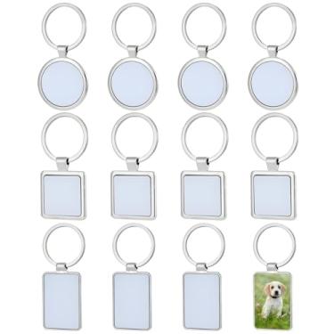 Imagem de 12 peças de chaveiros de sublimação em branco, chaveiros de metal personalizáveis em designs redondos, quadrados e retangulares - Ideal para personalização de transferência de calor DIY e presentes
