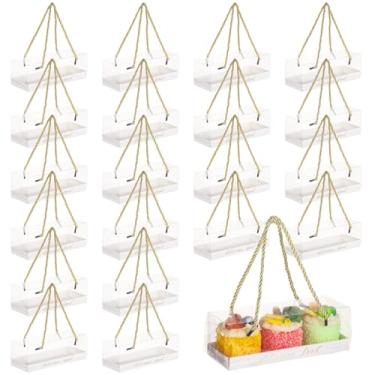 Imagem de 24 caixas de sobremesa transparentes, 7,3 x 2,6 x 6,6 cm, recipientes portáteis para cupcake, embalagem de pastelaria transparente, alças, exibição de festa de casamento, presente de biscoito de