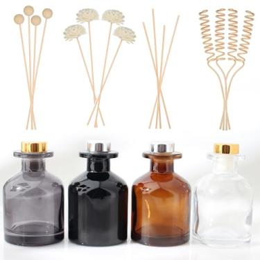 Imagem de Curntiy 4 frascos difusores de vidro de fragrância, frascos difusores recarregáveis com 16 varetas e tampas de difusor de palheta, frascos difusores para decoração de fragrância de óleo doméstico