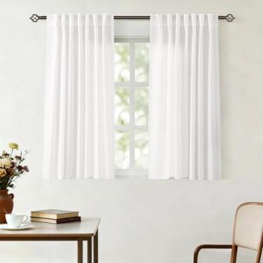 Imagem de Cortinas de linho branco 114 cm de comprimento, conjunto de 2 painéis para sala de estar, bolso traseiro, varão, semitransparente, filtro de luz, cortina de janela de quarto, 114 cm de comprimento