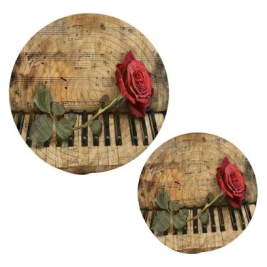 Imagem de Blueangle 2 peças de suporte de panela vintage com notas musicais - conjunto de pegadores de panela de tecido redondo - almofadas quentes trançadas de algodão - porta-copos - tapetes de mesa para