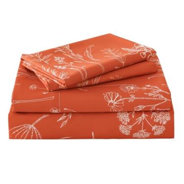 Imagem de Yibeizi Jogo de lençol king size, com bolso profundo, floral, laranja, estampa boho, microfibra macia Oeko-Tex, lençóis e fronhas hipoalergênicos, sem vincos