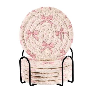 Imagem de GakkiGii Conjunto de 6 porta-copos redondos absorventes de arcos e bolinhas com suporte, porta-copos de tecido para mesa de centro, bar, decoração de cozinha