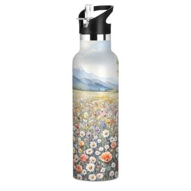 Imagem de Blueangle Garrafa de água de 590 ml com canudo - Garrafa de água esportiva de aço inoxidável sem BPA, design de campo de margaridas à prova de vazamento para academia, atividades ao ar livre
