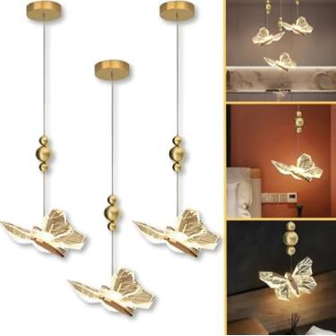 Imagem de Kit 3 Pendente Led Borboleta Dourada Vidro Bivolt 4w 3000k