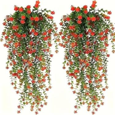 Imagem de [Resistente a UV] Vinhas artificiais de folha de eucalipto | Pacote com 2 | Plástico | Resistente a UV | Decoração ao ar livre | Ocasião de recuperação (laranja)