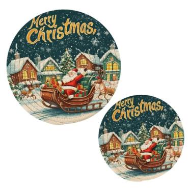 Imagem de Wassud Conjunto de trivet Merry Christmas Greeting Design Trivet para pratos quentes, suportes redondos de algodão, almofadas quentes, porta-copos resistentes ao calor para decoração de cozinha