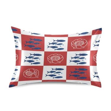 Imagem de Wassud Fronha de cetim xadrez peixe e concha para cabelo e pele fronhas de seda lisa tamanho padrão capas de travesseiro respiráveis com fecho de envelope