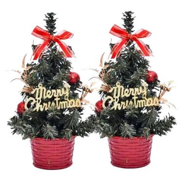 Imagem de 2 peças de árvore de Natal artificial com bolas e laço, enfeite de árvore pequena de mesa para decoração de escritório doméstico (estilo 3)