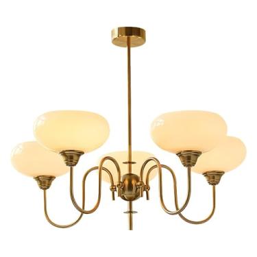Imagem de Lustre moderno dourado com 5 lâmpadas E27, estilo globo, com cúpula lisa, modelo Sputnik, ideal para sala de jantar, sala de estar e quarto.