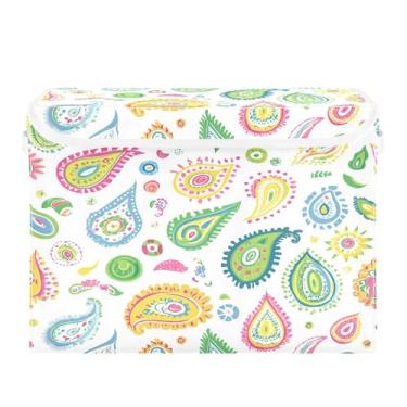 Imagem de CEBUGI Caixotes de armazenamento com tampas, caixa de armazenamento de tecido dobrável, designs coloridos paisley, compartimentos organizadores de armazenamento para armário de casa prateleiras de