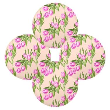 Imagem de Wassud Jogo americano conjunto de 4 tulipas folhas verdes tapetes de mesa redondos para cozinha e jantar tapetes laváveis resistentes ao calor decoração de mesa 39 cm