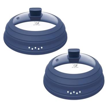 Imagem de Pacote com 2 tampas de proteção contra respingos de micro-ondas com silicone dobrável para prato de panela de alimentos de 21,6 cm e 25 cm, azul escuro, tampa alta e tampa de tamanho padrão