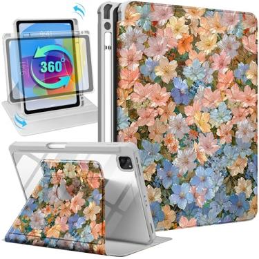Imagem de Uppuppy Capa para iPad Air de 11 polegadas para iPad Pro de 11 polegadas - Capa inteligente com suporte giratório 360 com suporte para lápis para mulheres e meninas, linda flor para Air 4ª/5ª/M2 2024