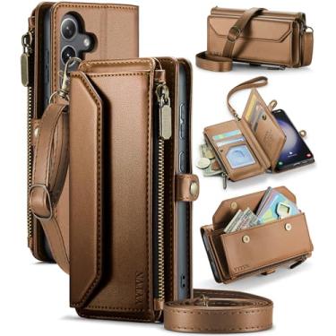 Imagem de YYTVN Capa carteira para Samsung Galaxy S25 Plus com zíper para cartão e alça transversal e alça de pulso, capa flip magnética de couro PU com bloqueio de RFID para Galaxy S25 Plus - marrom