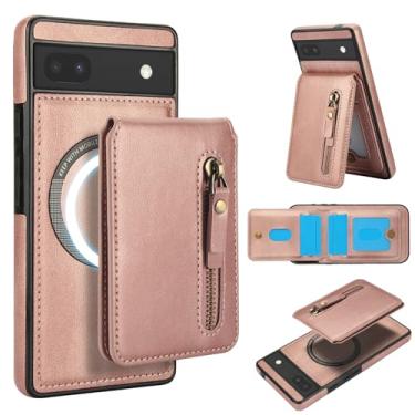 Imagem de Carteira removível compatível com carregamento sem fio Magsafe para Google Pixel 6A com suporte para cartão, bolso com zíper, suporte 2 em 1 à prova de choque (ouro rosa)