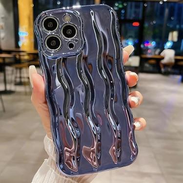 Imagem de Capa de telefone com moldura ondulada encaracolada projetada para iPhone 15 Pro Max, linda estampa de ondulação de água brilhante, TPU macio, ajuste fino, capa traseira para mulheres e meninas, azul
