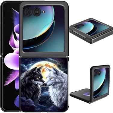 Imagem de Capa para celular Samsung Galaxy Z Flip 7, feminina, masculina, fina, leve, rígida, com design artístico de lobo e lua, carregamento sem fio, antiarranhões, à prova de choque, capa protetora para