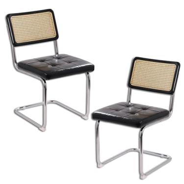 Imagem de Japard Conjunto de 2 cadeiras laterais modernas de jantar de meados do século, cadeiras de vime para cozinha, sem braços com pernas cromadas de metal para quarto, sala de estar, preto