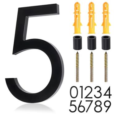 Imagem de GOLD DEER Casa flutuante de acrílico número 5 de 12 cm, números modernos semi-embutidos para uso externo, placa de endereço com acabamento fosco preto com kit de unhas para porta, caixa de correio