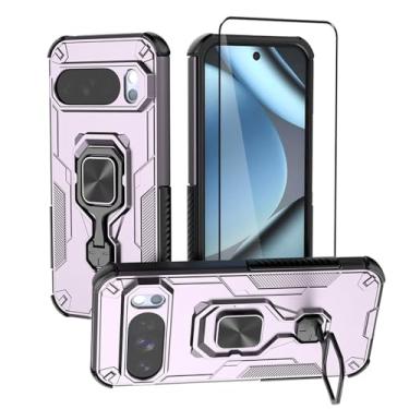 Imagem de Capa compatível com Google Pixel 10 Pro 5G com protetor de tela de vidro temperado, capa de telefone híbrida de camada dupla antiarranhões, roxa