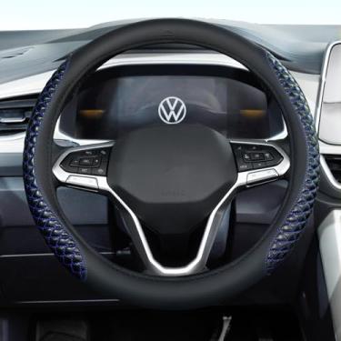 Imagem de Capa de volante de carro, capas de volante de couro napa preto e azulado, universal de 35 a 38 cm, antiderrapante, protetor de volante respirável para mulheres e homens