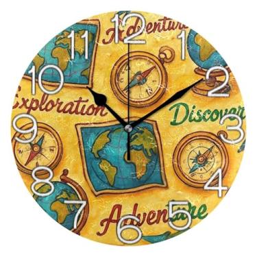 Imagem de GAIGEO Relógio de parede analógico decorativo amarelo vintage mapas de desenho animado relógio de cozinha bonito operado por bateria, decoração de parede art déco moderno retrô, 25 cm, ponteiros