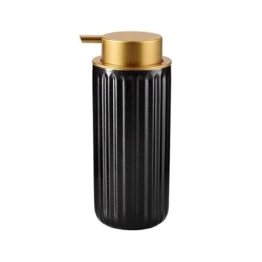 Imagem de Dispensador de sabão de cerâmica com bomba dourada listras verticais pretas dispensador de líquido para mãos para xampu banheiro cozinha (grande)