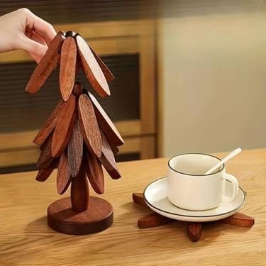 Imagem de Tripé de madeira resistente ao calor, suporte de panela isolado em forma de árvore e porta-copos para panelas e copos de pratos quentes, conjunto de tapetes de mesa de cozinha